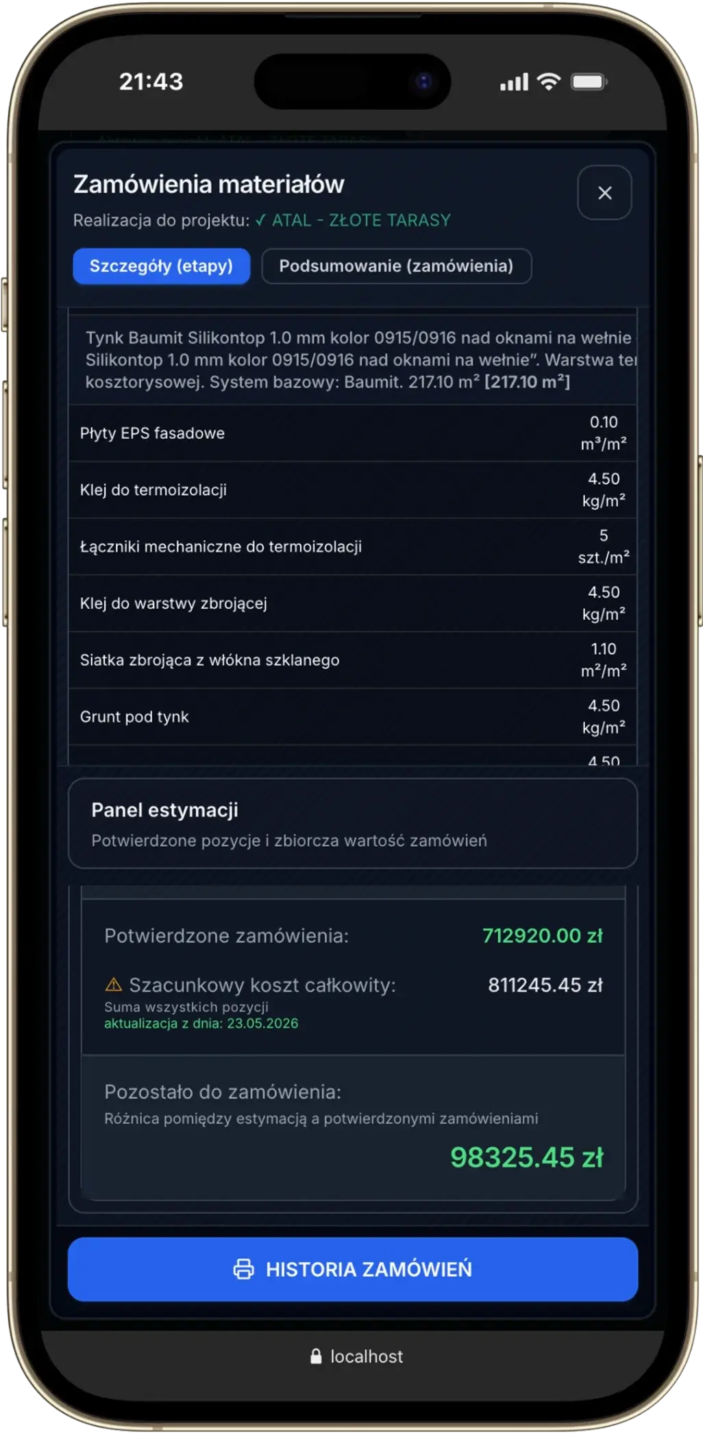 Panel estymacji projektu w systemie CheckMat w trybie ciemnym