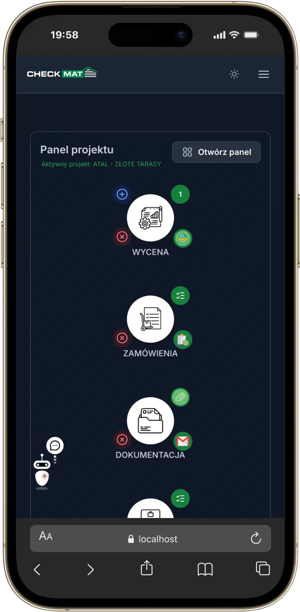 Mobilny panel CheckMat do zarządzania projektami elewacyjnymi w trybie ciemnym
