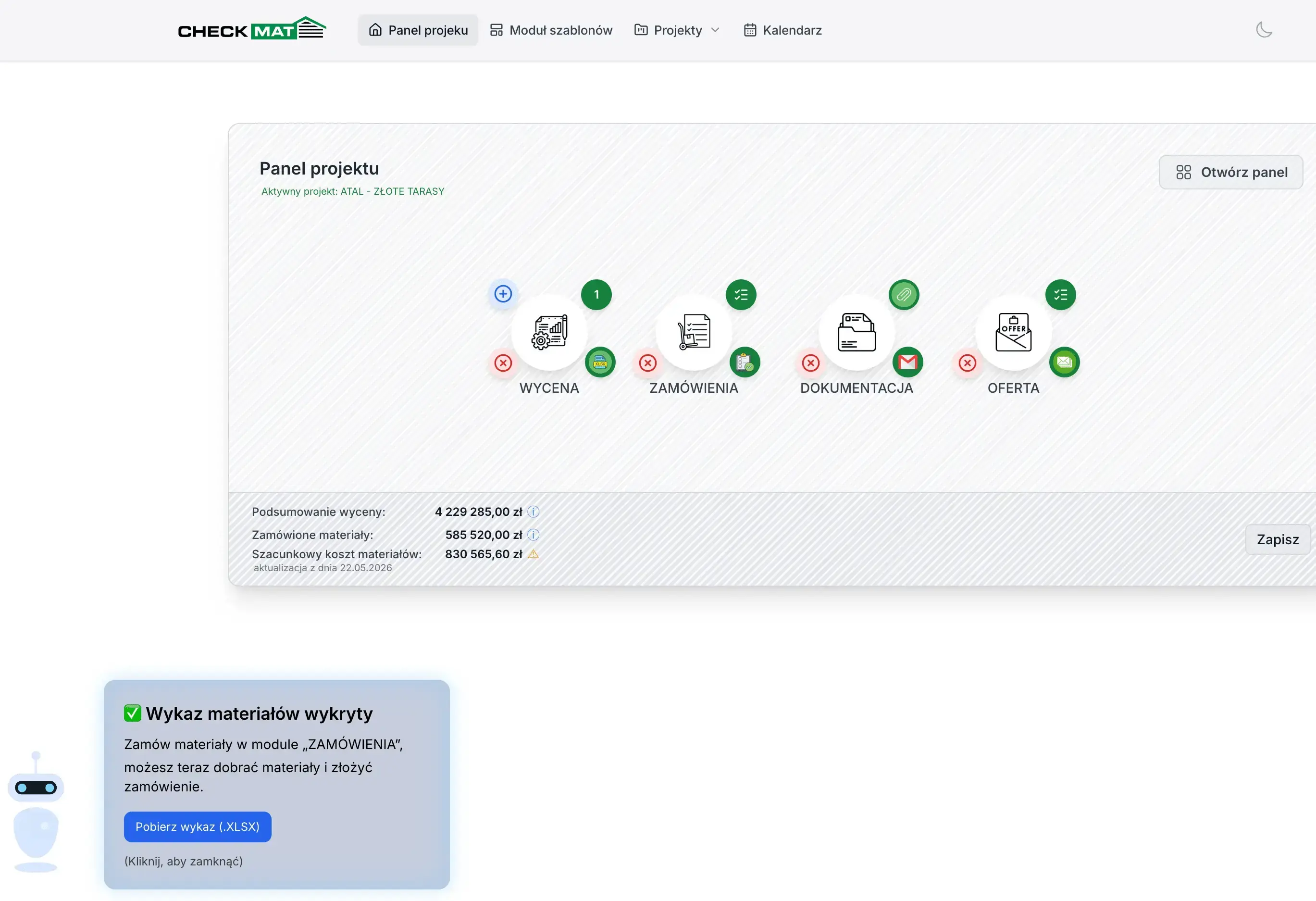 Panel systemu CheckMat do zarządzania projektami elewacyjnymi w trybie jasnym